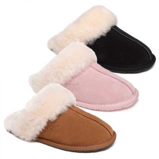 OZWEAR UGG Ladies Classic UGG Genesis Sheepskin Slipper Scuffs With Fluffy Cuff