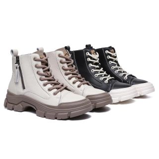 Lace-up and Zipper Chunky Leather Boots Women Lorrine